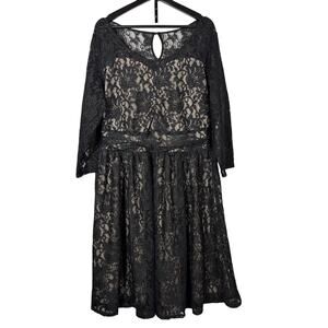 Lane Bryant Black Lace Dress Knee Length 3/4 Sleeve Flared Skirt 18 Plus Size